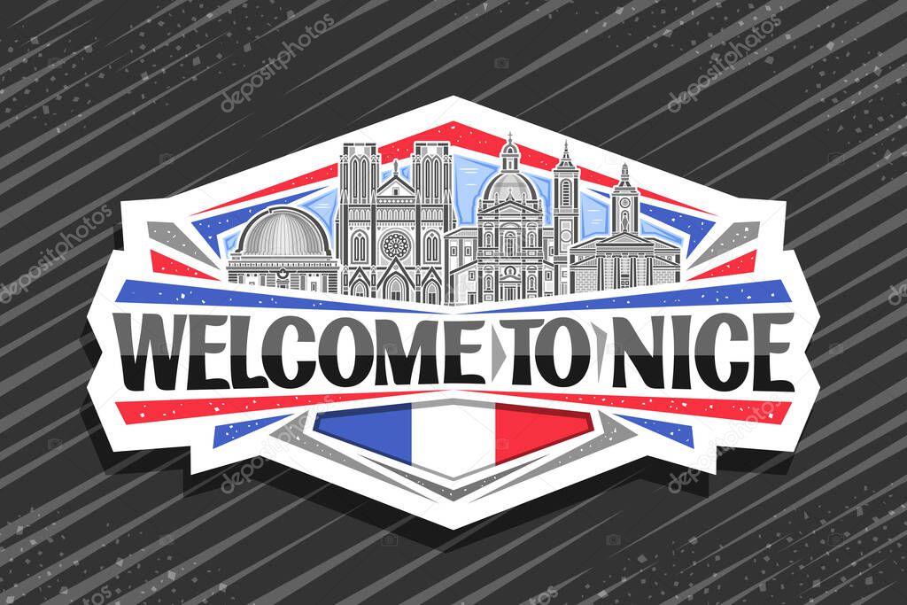 Vector logo for Nice, decorative cut paper badge with detailed illustration of famous historical nice city scape on day sky background, art design refrigerator magnet with black words welcome to nice