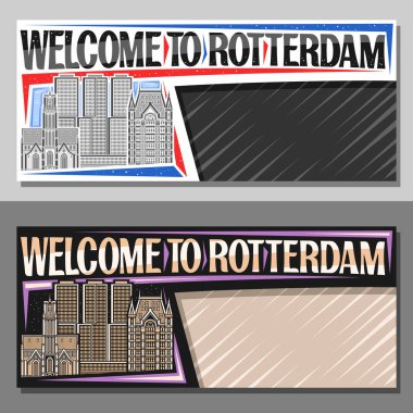 Rotterdam için kopya alanı olan vektör düzeni, Rotterdam şehrinin gündüz ve gece gökyüzü arkaplanının resimleriyle dekoratif şablonu, Rotterdam 'a hoş geldiniz diyen sanat tasarım turist kartı
