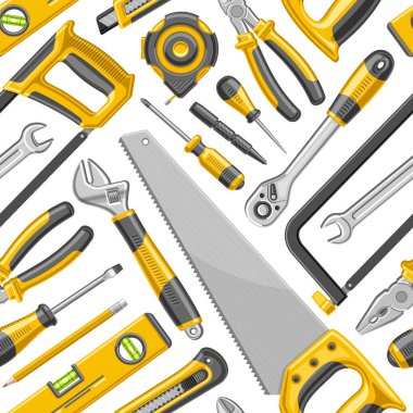 Vector Handyman Araçları kusursuz desen, dekoratif arka plan ambalaj kağıdı için uçan tamirci araçları koleksiyonu, düz yatay çalışma araçları grubuna sahip kare pankart beyaz arkaplan