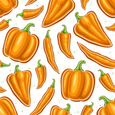 Vector Orange Pepper Desensiz Dekoratif arka plan, çeşitli uçuşan tatlı ve baharatlı karikatür biberleri, beyaz arka planda düz turuncu çan biberleri içeren kare pankart