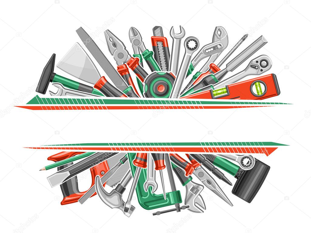 Vector Border for Hardware Tools with copy space for ad text, decorative layout with illustration of variety red and green handyman tools for labor day, promo signage for craft hardware shop on white