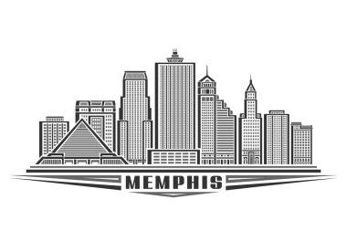 Memphis 'in vektör illüstrasyonu, lineer tasarım memphis şehir manzaralı tek renkli yatay kart, beyaz arkaplanda siyah metin memphis için dekoratif harflerle modern şehir çizgisi sanat konsepti