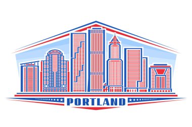Portland 'ın vektör illüstrasyonu, doğrusal tasarım Portland şehir manzarası ile yatay dekoratif işaret gündüz gökyüzü arka planı, mavi metin portland için eşsiz harflerle ulusal şehir çizgisi sanat konsepti
