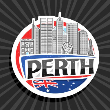 Perth için vektör logosu, dekoratif kesim kağıt etiketi ile şehir merkezinin gündüz arkaplanı, sanat tasarımı yuvarlak buzdolabı mıknatısı ile metin perth için benzersiz fırça harfleri