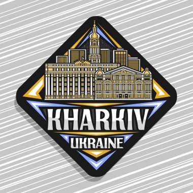 Kharkiv için vektör logosu, Kharkiv için eşsiz harflerle sanat tasarımı buzdolabı mıknatısı, Ukrayna, Kharkiv için eşsiz harflerle şehir gece kharkiv şehir manzarasının ayrıntılı çizimi ile koyu dekoratif rhomb yol tabelası.