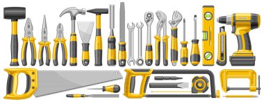 Handyman Tools 'un vektör seti, kesik çizimler grubuyla yatay afiş farklı lastik ve çelik el aletleri, beyaz arka plandaki tamirci dükkanı için çeşitli turuncu eşyalar koleksiyonu
