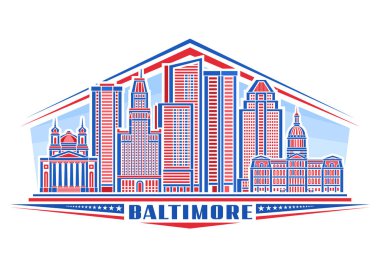 Baltimore 'un vektör illüstrasyonu, yatay dekoratif işaret doğrusal tasarım Baltimore City scape on day sky background, National urban line art concept with unique letters for blue text Baltimore