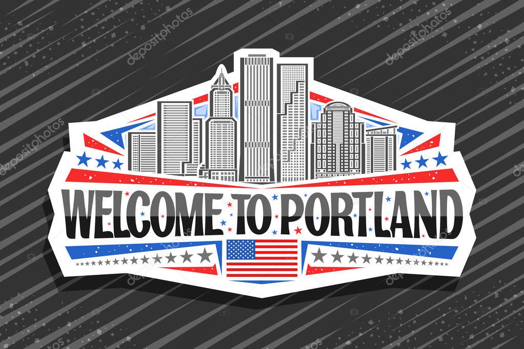 Vector logo for Portland, white decorative tag with line illustration of modern panoramic portland city scape on day sky background, art design refrigerator magnet with black words welcome to portland