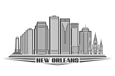 New Orleans 'ın vektör illüstrasyonu, tek renkli kart, doğrusal tasarım modern Birleşik Devletler şehir manzarası, şehir çizgisi sanat konsepti, siyah metin için dekoratif harflerle New Orleans beyaz arka planda