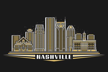 Nashville 'in vektör illüstrasyonu, doğrusal tasarımı olan karanlık yatay kart Nashville şehir manzarası gece yıldızlı gökyüzü arka planı, Nashville için eşsiz harflerle modern şehir çizgisi sanat konsepti