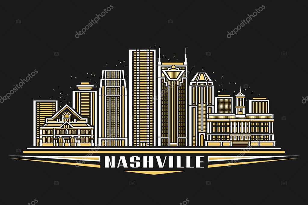 Vector illustration of Nashville, dark horizontal card with linear design nashville city scape on nighttime starry sky background, modern urban line art concept with unique letters for text nashville