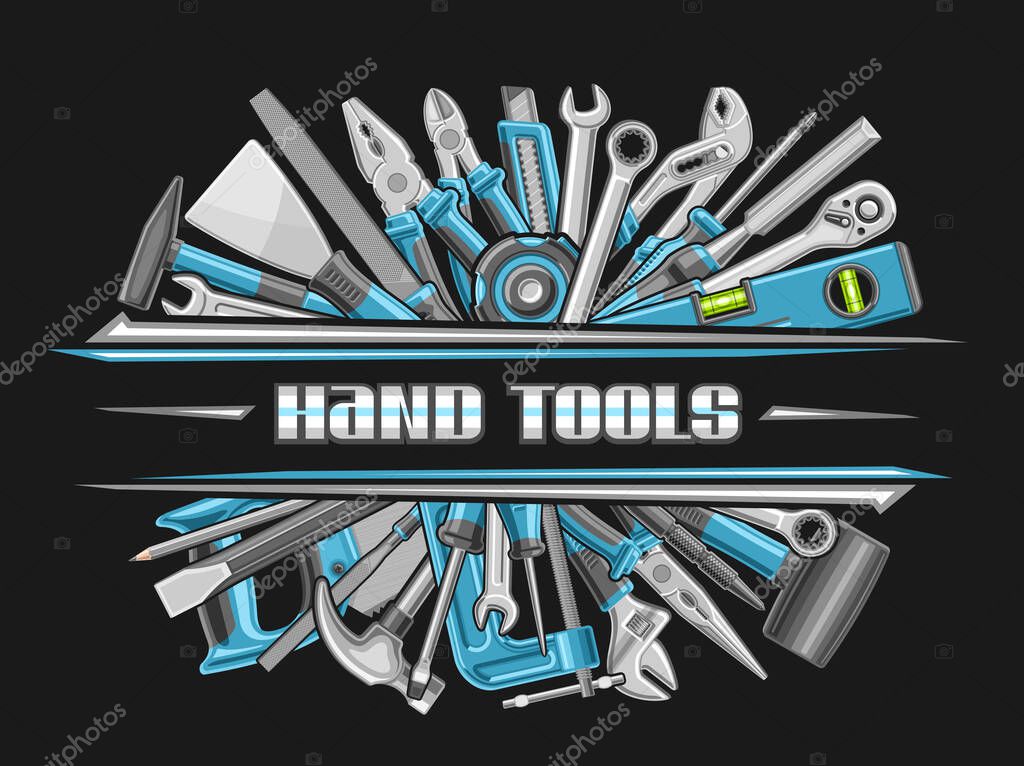 Vector Border for Hand Tools with copy space for ad text, decorative placard with illustration of various hardware tools for craft handyman store, promo signage with word hand tools on dark background