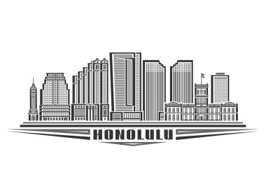 Honolulu 'nun vektör illüstrasyonu, doğrusal tasarımı olan tek renkli yatay kart ünlü Honolulu şehir manzarası, beyaz arkaplanda siyah metin Honolulu için dekoratif harflerle kentsel çizgi sanat konsepti