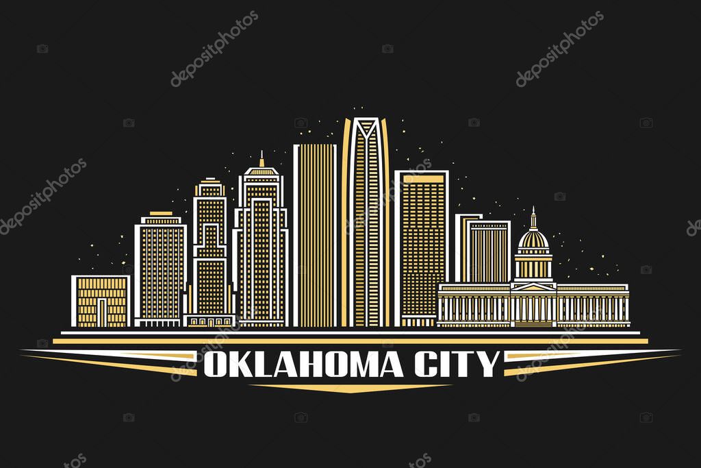 Vector illustration of Oklahoma City, dark horizontal card with linear design United States city scape on nighttime sky background, urban line art concept with unique lettering for text oklahoma city