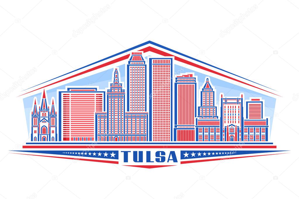 Vector illustration of Tulsa, horizontal decorative sign with linear design famous tulsa city scape on day sky background, national urban line art concept with unique brush letters for blue text tulsa