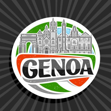 Ceneviz için vektör logosu, Ceneviz için beyaz dekoratif etiket, gökyüzü arka planında tarihi Ceneviz şehir manzarasının detaylı çizimi, Ceneviz yazıları için eşsiz fırça harfleriyle sanat tasarımı buzdolabı mıknatısı