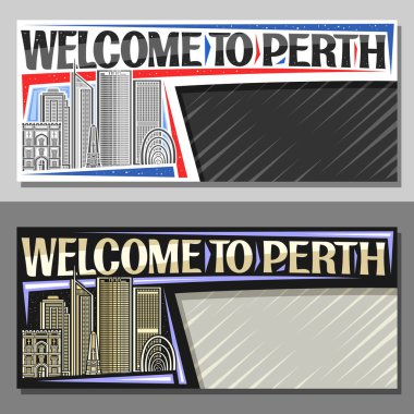 Perth için kopya alanı olan vektör düzeni, gündüz ve akşam gökyüzü arkaplanındaki kentsel perth şehir manzarasının tasviri ile dekoratif şablon, Perth 'e hoş geldiniz diyen sanat tasarımı turist kartı
