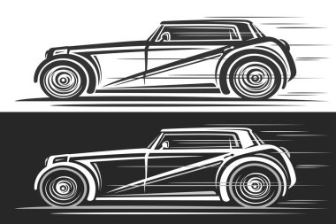 Hot Rod Car için vektör logosu, tek renkli otomotiv afişleri, konsept arabanın hareket halindeki, çalışan, geçmişe dönük, siyah beyaz arka planda fütüristik hot rod arabası çizimi.