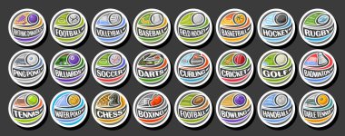 Vector Sport Logos Set, eğri yörünge üzerinde uçan toplar ile basit etiketler grubu, oyun ekipmanları ile çizgi film tasarımı beyaz spor etiketleri koleksiyonu, farklı spor türleri için metin