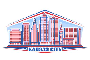 Kansas City 'nin vektör illüstrasyonu, doğrusal tasarımlı yatay dekoratif işaret gündüz gökyüzü arka planında Birleşik Devletler şehir manzarası, mavi metin Kansas şehri için eşsiz harflerle kentsel çizgi sanat kavramı