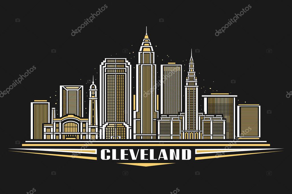 Vector illustration of Cleveland, dark horizontal card with linear design cleveland city scape on nighttime starry sky background, urban line art concept with unique brush lettering for text cleveland