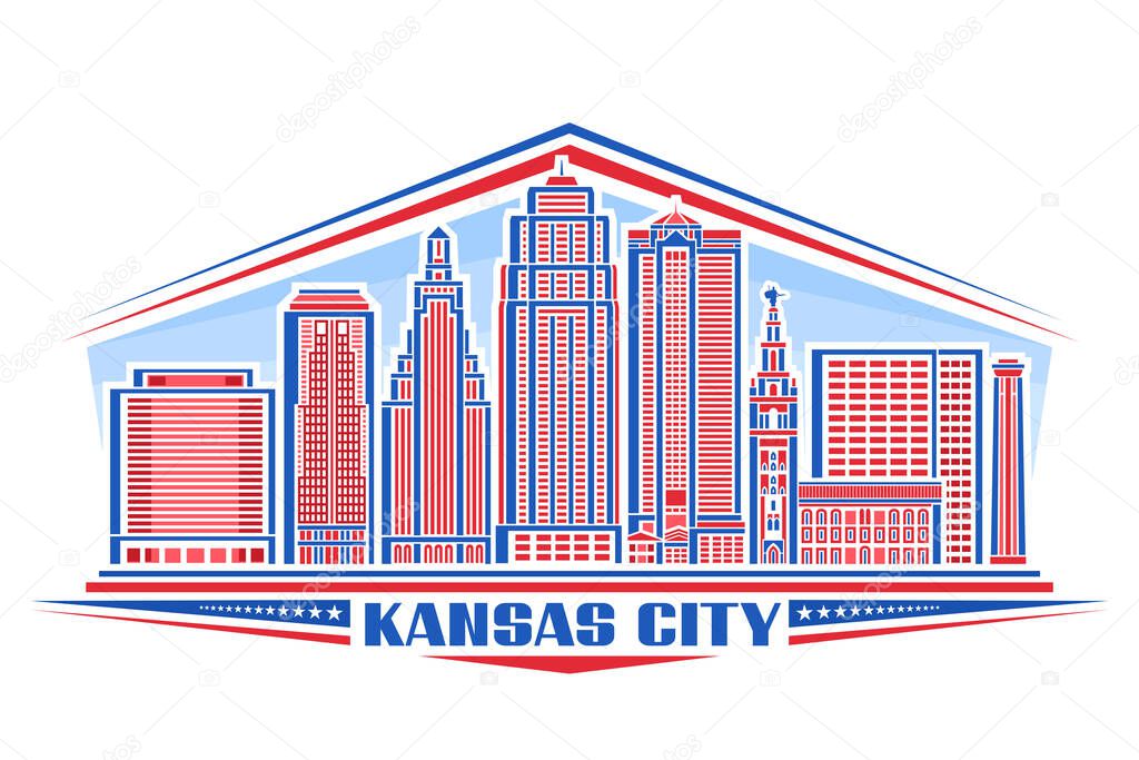Vector illustration of Kansas City, horizontal decorative sign with linear design United States city scape on day sky background, urban line art concept with unique lettering for blue text kansas city