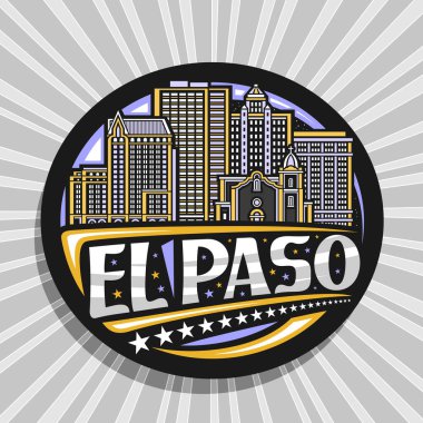 El Paso için vektör logosu, gece gökyüzü arka planında ünlü Teksas kentsel manzarasının çizili siyah dekoratif etiketi, el paso için eşsiz harflerle sanat tasarımı buzdolabı mıknatısı.