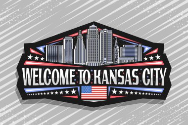 Kansas City için vektör logosu, Kansas City için koyu renk dekoratif rozet. Gece gökyüzü arka planında Missouri şehir manzarasının taslağı. Kansas City 'ye hoş geldiniz diyen sanat tasarımı buzdolabı mıknatısı.