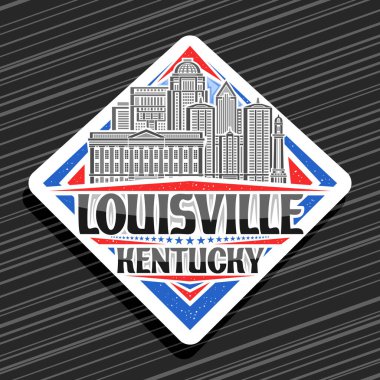 Louisville için vektör logosu, Louisville şehir manzarasının resmedildiği beyaz desenli rhomb yol tabelası, Louisville, Kentucky için eşsiz harfleri olan sanat tasarımı buzdolabı mıknatısı.