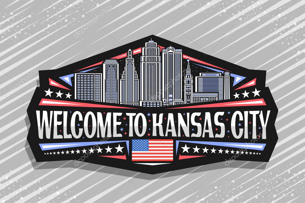 Vector logo for Kansas City, dark decorative badge with outline illustration of urban missouri cityscape on nighttime sky background, art design refrigerator magnet with words welcome to kansas city