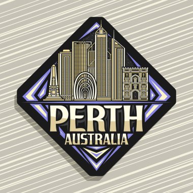 Perth City için vektör logosu, koyu rhomb yol işareti ünlü modern Perth şehir manzarasının detaylı çizimi, sanat tasarımı buzdolabı mıknatısı Perth, australia için eşsiz fırça harfleri