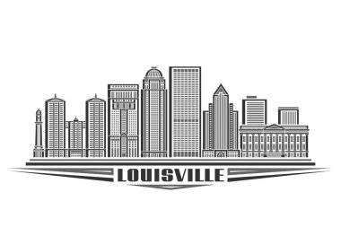 Louisville 'in vektör illüstrasyonu, doğrusal tasarımı olan tek renkli yatay kart Louisville şehir manzarası, beyaz arkaplanda siyah metin Louis' i anlatan dekoratif harflerle şehir çizgisi sanat konsepti.
