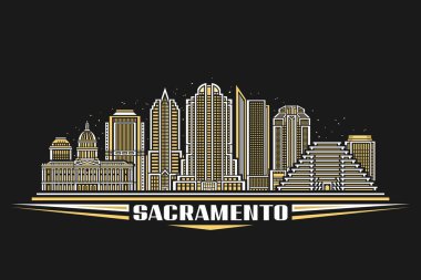 Sacramento 'nun vektör çizimi, doğrusal tasarım Sacramento şehir manzarasına sahip karanlık yatay kart gece yıldızlı gökyüzü arkaplanı, metin Sacramento için eşsiz harflerle kentsel çizgi sanat kavramı