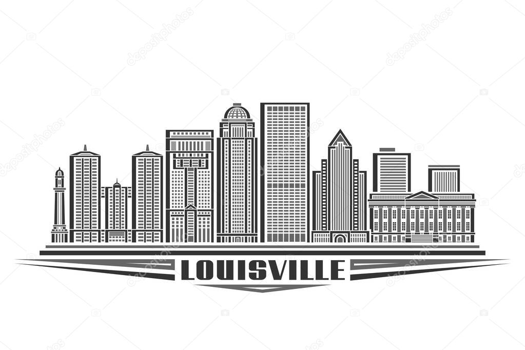 Vector illustration of Louisville, monochrome horizontal card with linear design louisville city scape, urban line art concept with decorative lettering for black text louisville on white background