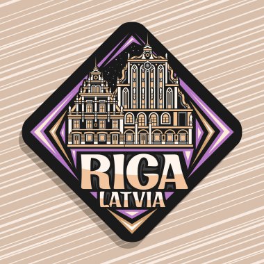 Riga için vektör logosu, koyu rhomb yol tabelası alacakaranlık gökyüzü arkaplanı üzerinde riga içindeki siyahların ünlü evinin tasviri, metin riga, latvia ile dekoratif şehir buzdolabı mıknatısı