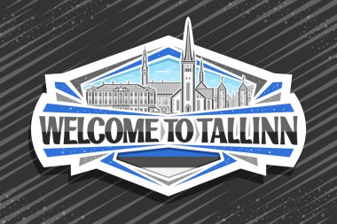 Tallinn için vektör logosu, Tallinn 'e hoş geldiniz siyah kelimeleriyle sanat tasarımı buzdolabı mıknatısı, gökyüzü arka planında Tallinn şehrinin ünlü şehir manzarasının ana hatlarıyla çizilmiş beyaz dekoratif işareti.