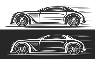 Retro Futuristik Araba için vektör logosu, tek renkli otomotiv afişleri, konsept arabanın hareket halindeki, siyah beyaz arka planda geçmişe dönük fütüristik arabasının klipslü çizimi,