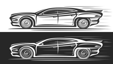 Futuristik Kas Otomobili için vektör logosu, siyah beyaz arka planda geçmişe dönük fütürist kaslı hareket halindeki konsept kaslı arabanın klişe çizimine sahip tek renkli otomotiv afişleri.