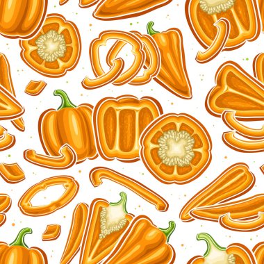 Vector Orange Pepper Desensiz Desen, dekoratif arka plan, tohumlu uçan tatlı biber, düz kare poster, beyaz arka planda turuncu çan biberlerinin durgun yaşam kompozisyonu