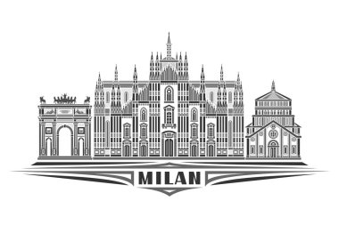 Milan 'ın vektör illüstrasyonu, doğrusal tasarımı olan tek renkli yatay kart ünlü Milan şehir manzarası, Avrupa şehir çizgisi sanat konsepti, beyaz arka planda koyu renkli metin Milan için dekoratif harfler.