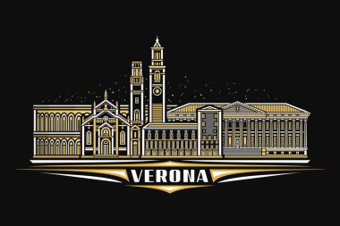 Verona 'nın vektör illüstrasyonu, doğrusal tasarımı olan karanlık yatay kart verona şehir manzarası gece yıldızlı gökyüzü arkaplanı, Avrupa kentsel çizgisi sanat konsepti beyaz metin verona için eşsiz harflerle