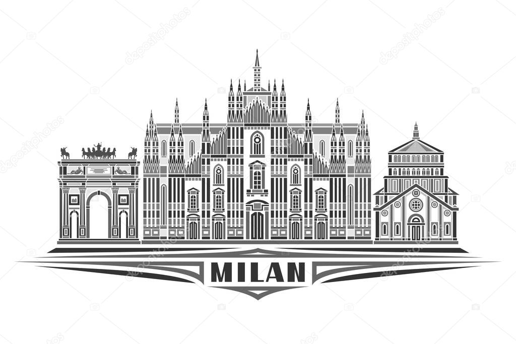 Vector illustration of Milan, monochrome horizontal card with linear design famous milan city scape, european urban line art concept with decorative lettering for dark text milan on white background