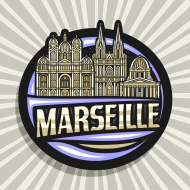 Marsilya için vektör logosu, Marsilya şehrinin gece gökyüzü arkaplanının çizimlerini içeren koyu renk dekoratif etiket, Marsilya için eşsiz fırça harfleriyle sanat tasarımı buzdolabı mıknatısı.