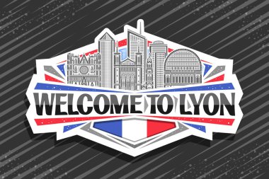 Lyon için vektör logosu, dekoratif kesim kağıt etiketi gökyüzü arka planında ünlü panoramik lyon şehir manzarasının ayrıntılı çizimi, sanat tasarım buzdolabı mıknatısı siyah kelimelerle Lyon 'a hoş geldiniz