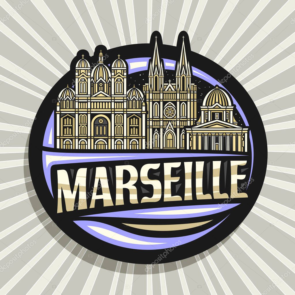 Vector logo for Marseille, dark decorative tag with draw illustration of marseille city scape on nighttime sky background, art design refrigerator magnet with unique brush lettering for text marseille