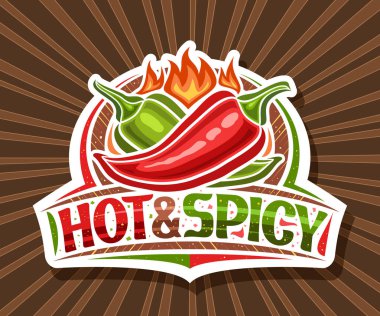 Acılı ve Baharatlı için vektör logosu, iki çizgi film tasarımlı, acı biber yakan yatay poster, kahverengi çizgili arka planda sıcak ve baharatlı metin için eşsiz harfleri olan dekoratif kağıt tabela.