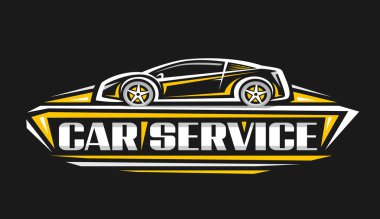 Araba servisi için vektör logosu, el çizimi lüks konsept araba, turuncu kenarlı spor araba ve koyu arkaplanda beyaz metin araba servisi olan yatay tabela.