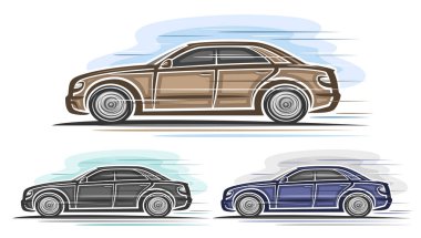 Vector Sedan Arabaları Seti, yatay otomotiv posteri, hareket halindeki basit konsept arabanın üç ayrı renkli çizimi, beyaz arka planda klasik sedan arabayı çalıştırma klip sanatı