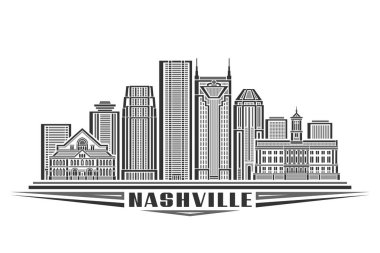 Nashville 'in vektör illüstrasyonu, doğrusal tasarımı olan tek renkli yatay kart Nashville şehir manzarası, beyaz arka planda Nashville yazıları için dekoratif harflerle ulusal şehir çizgisi sanat konsepti