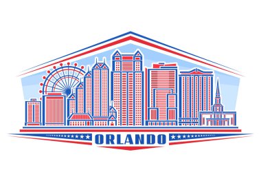 Orlando 'nun vektör illüstrasyonu, doğrusal tasarım ile yatay dekoratif işaret gündüz gökyüzü arka planında Orlando şehir manzarası, mavi metin Orlando için eşsiz fırça harfleri ile ulusal şehir çizgisi sanat kavramı